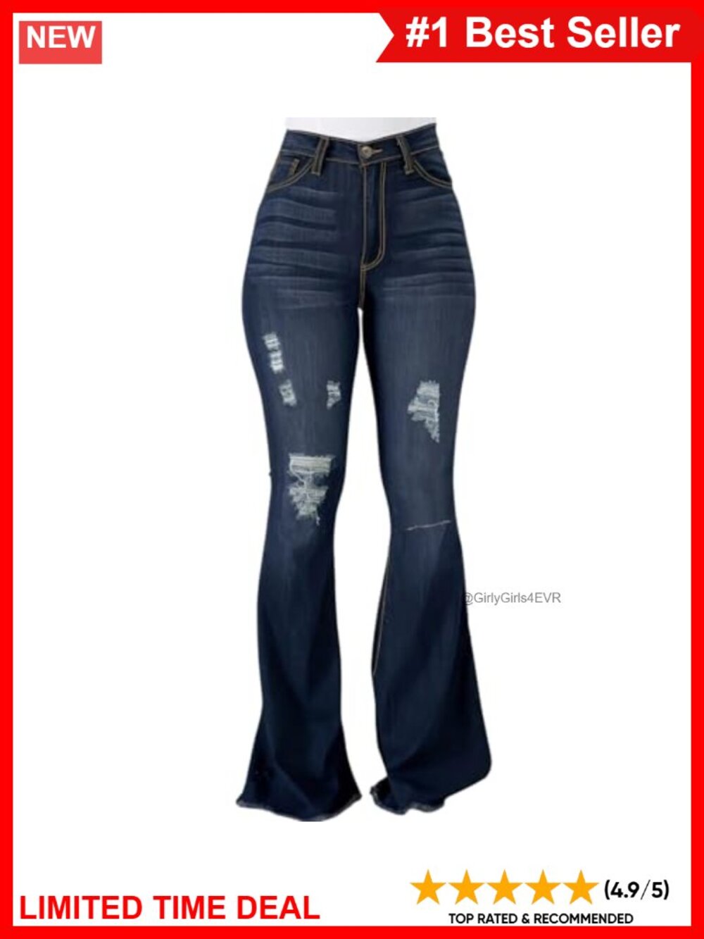 Ripped High Waisted Bell Bottom Flared Denim Jeans Tummy Control